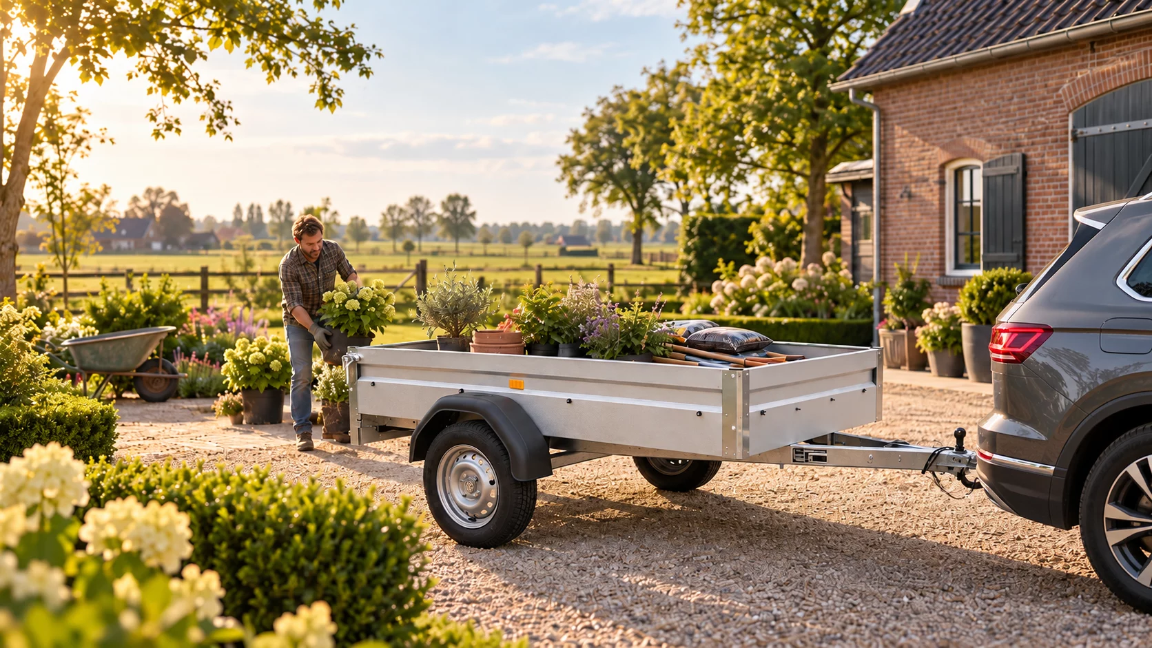 Amigo aanhangwagen in gebruik bij een moderne woning